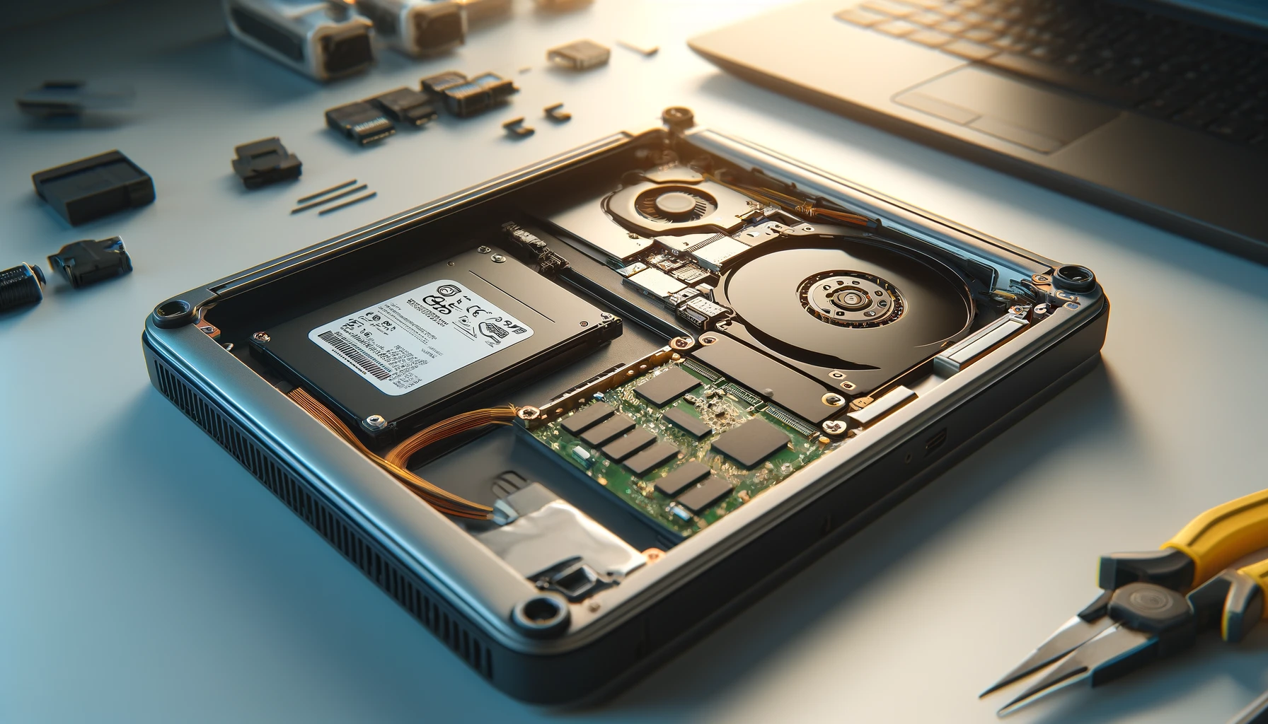 storage, SSD, laptop 📸📸 Realistic photo of a laptop with an open storage bay showing SSD and HDD. Bright lighting, clear details 📸📸 Хранение данных