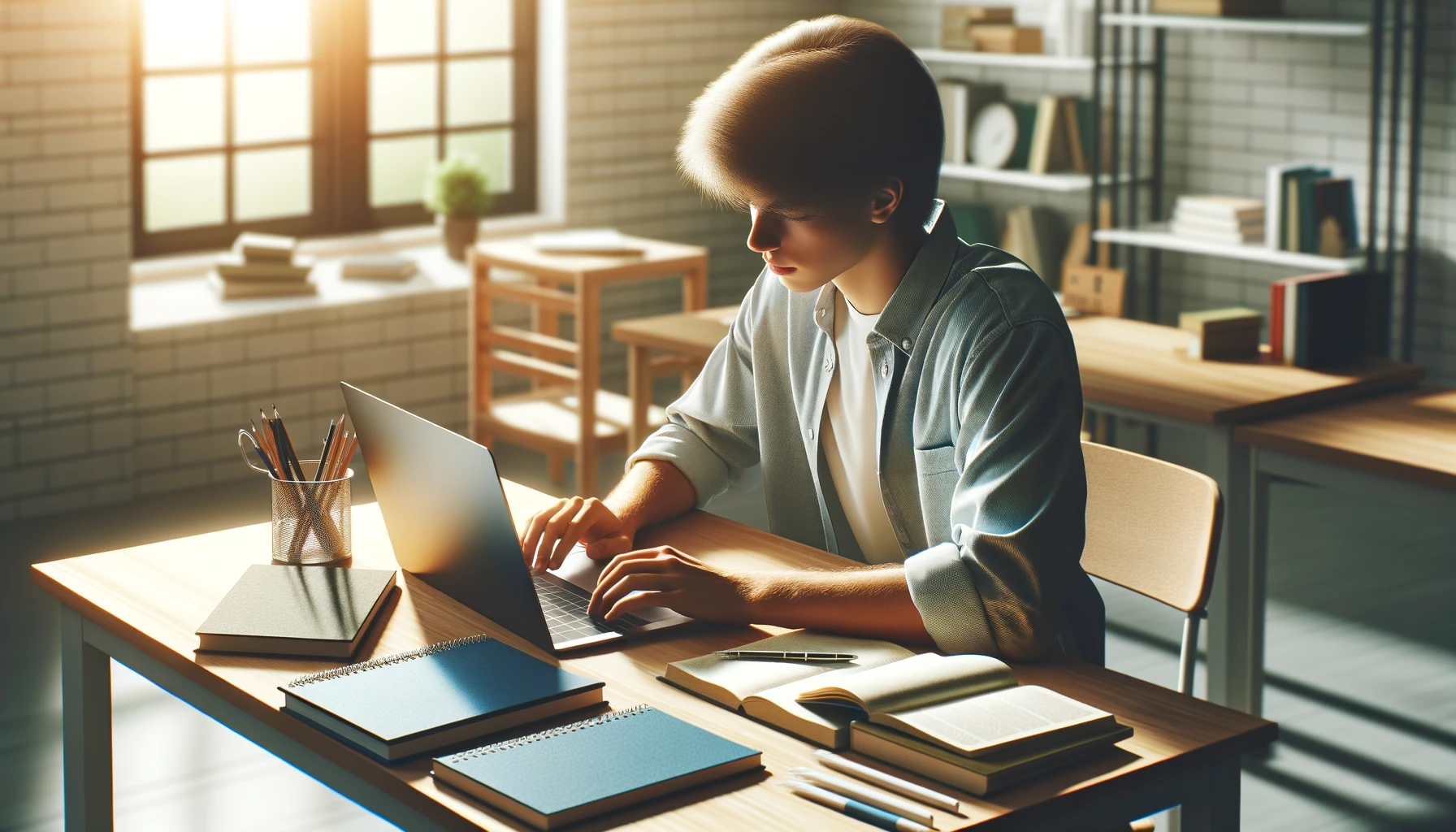 student laptop, learning, studying 📸📸 Realistic photo of a student using a laptop at a study desk. Bright lighting, textbooks around 📸📸 Ноутбук для студента