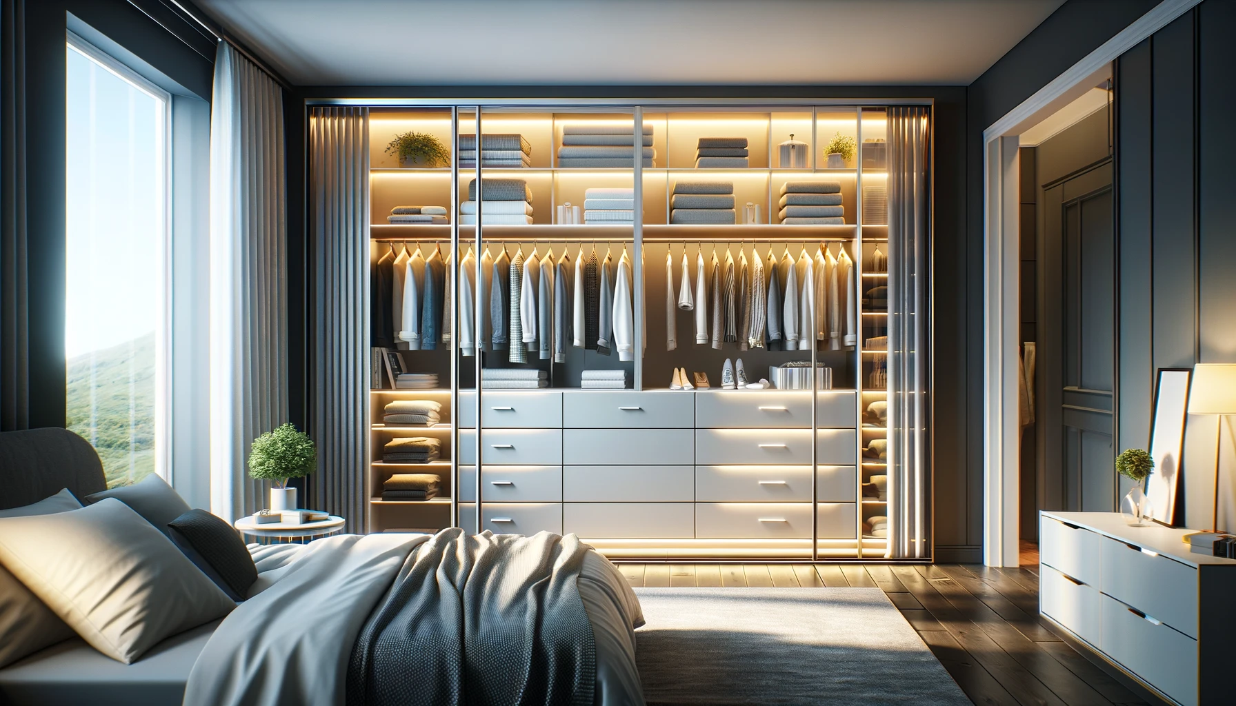 wardrobe, lighting, organization 📸📸 Realistic photo of a sliding wardrobe with built-in lighting in a modern bedroom. Bright, organized, and stylish 📸📸 Шкаф купе с подсветкой