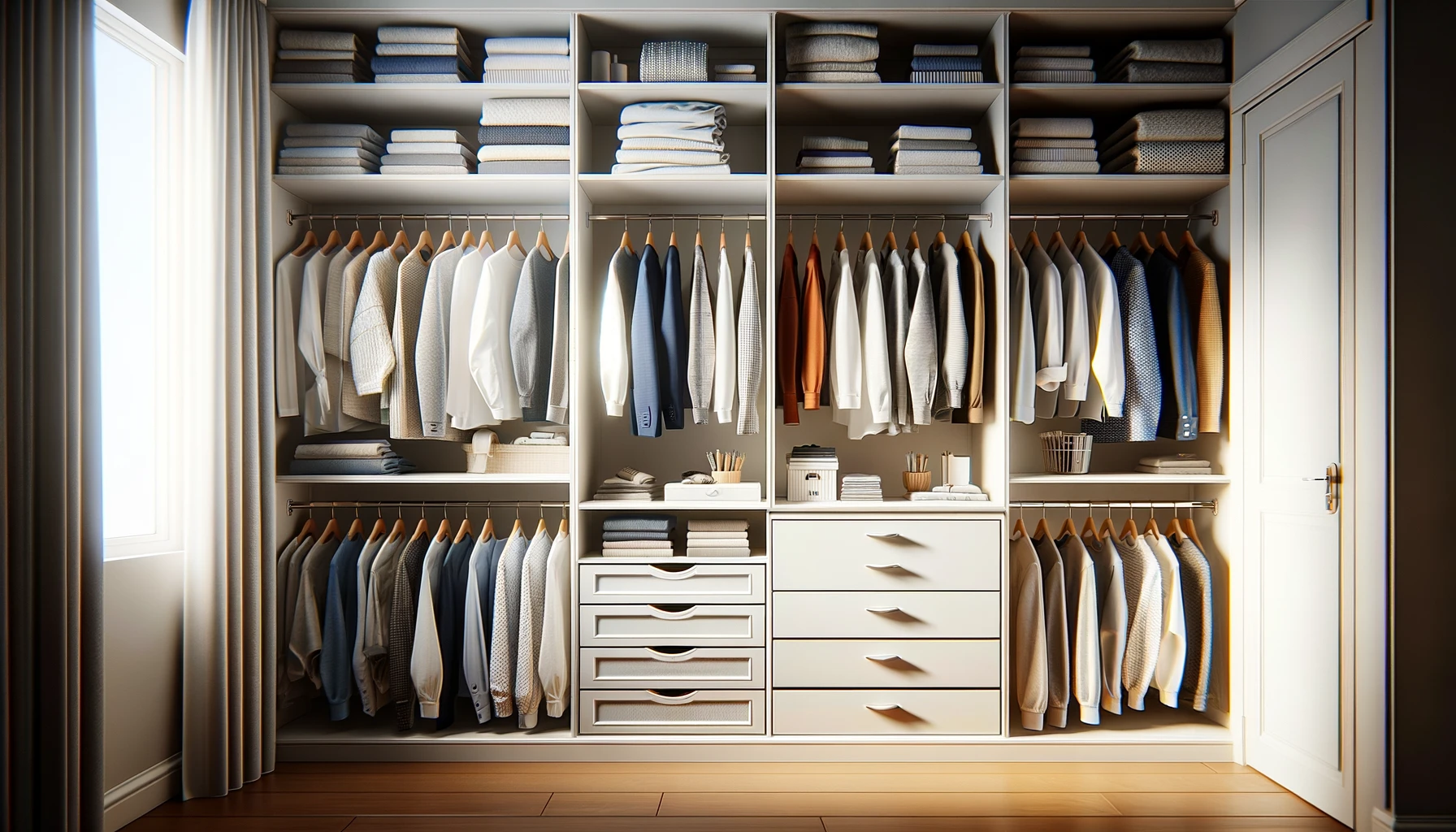 wardrobe, organization, shelves 📸📸 Realistic photo of a well-organized wardrobe with shelves, drawers, and hanging space. Bright and neat 📸📸 Организация хранения в шкафу