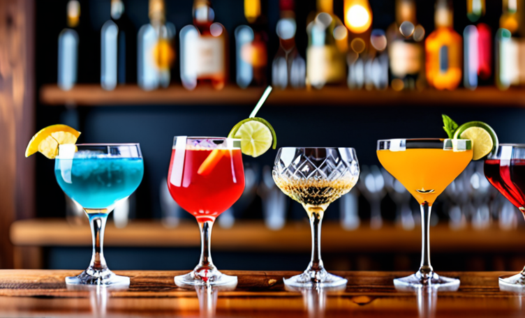 cocktail glasses, barware, party essentials 📸📸 Realistic photo of different types of cocktail glasses arranged on a wooden bar counter with a blurred bar background 📸📸 Коктейльные стаканы
