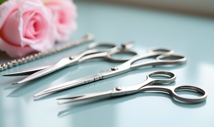 manicure tools, high-quality, professional use, stainless steel ✂️🧼 Detailed and realistic photo of a manicure set with professional tools like scissors, clippers, and cuticle pushers arranged on a clean surface. Maniküre Werkzeuge