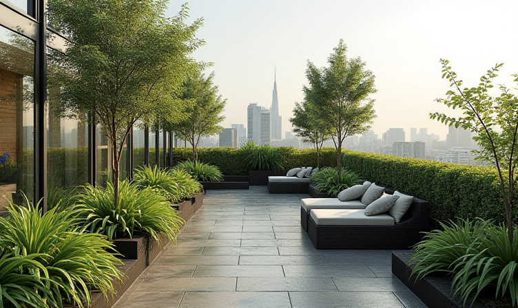 rooftop garden, flat roof, green space 📸📸 Realistic photo of a modern rooftop garden on a flat roof, with plants and outdoor furniture. The image highlights how functional and green these spaces can be. 📸📸 Пример использования плоской крыши