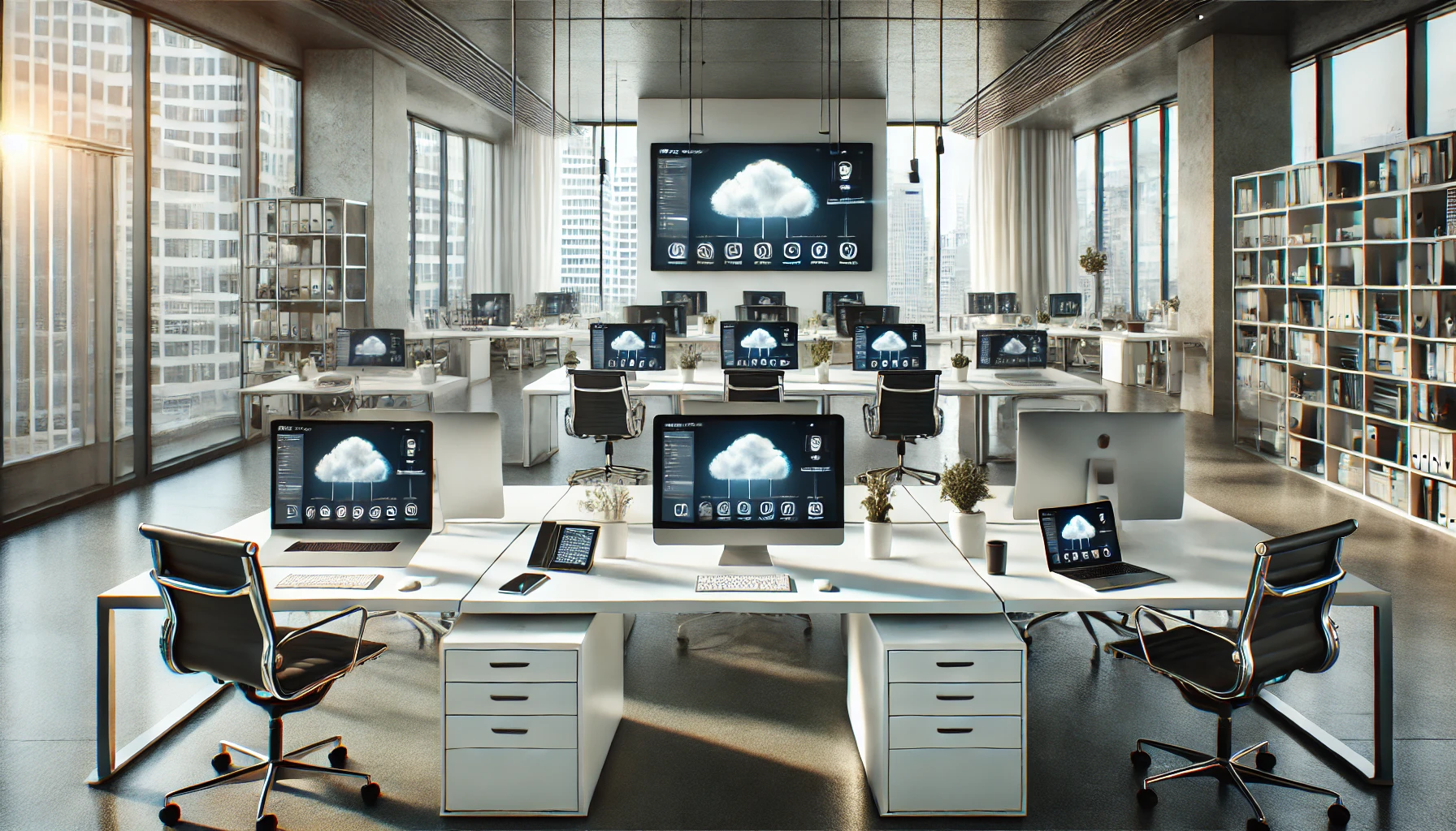 TeamViewer, business control, cloud, efficiency 📸📸 A modern office setting with multiple devices connected through cloud management, sleek and professional atmosphere Облачное управление, бизнес