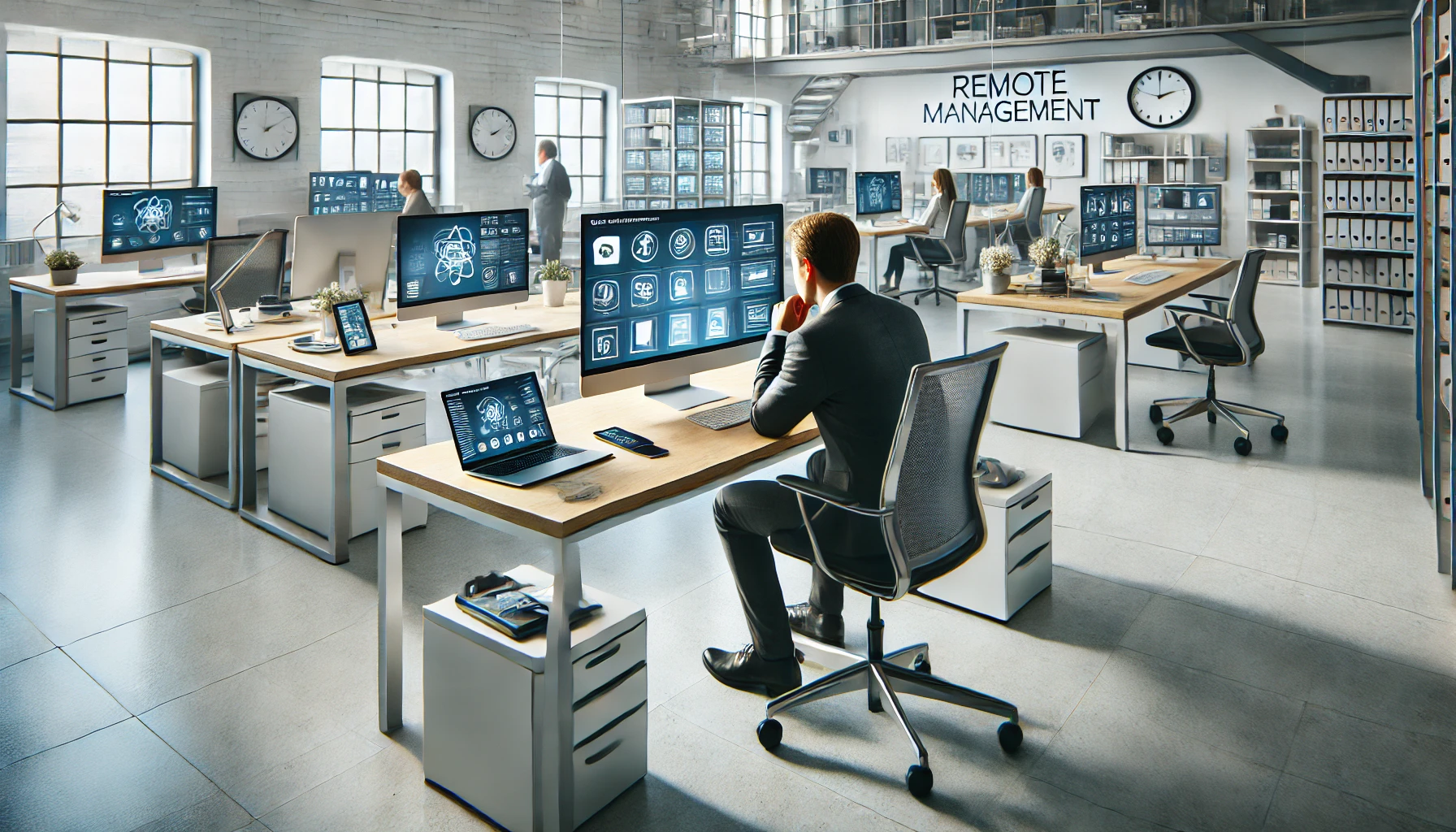 TeamViewer, remote control, corporate network, seamless connection 📸📸 A person remotely managing devices from a laptop, with various company devices in the background, clean and professional setting Удаленный доступ, корпоративная сеть
