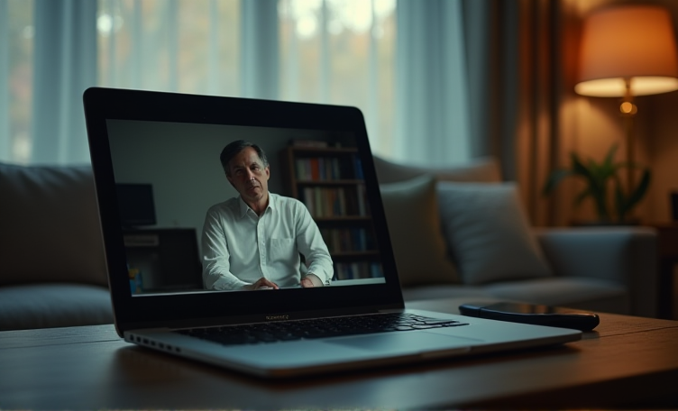 Online psychology consultation 📸📸 A cozy living room setup with a laptop open, showing a psychologist on the screen, calm background 📸📸 Сессия психолога онлайн
