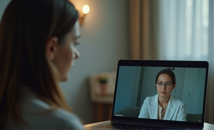 Online therapy, psychologist, laptop 📸📸 Realistic image of a person on a video call with a therapist, soft lighting, calm background. 📸📸 Консультация психотерапевта онлайн